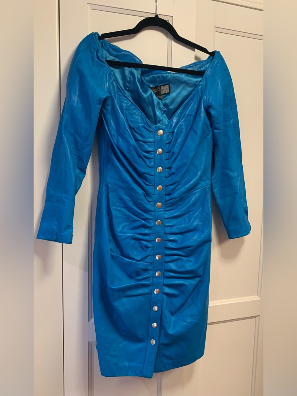 Michael Horban North Beach Lambskin Leather Blue Wiggle Dress vintage M 11/12